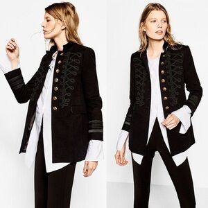 RARE Zara Black Velvet Embroidered Rope Toggle Military Blazer Jacket Small